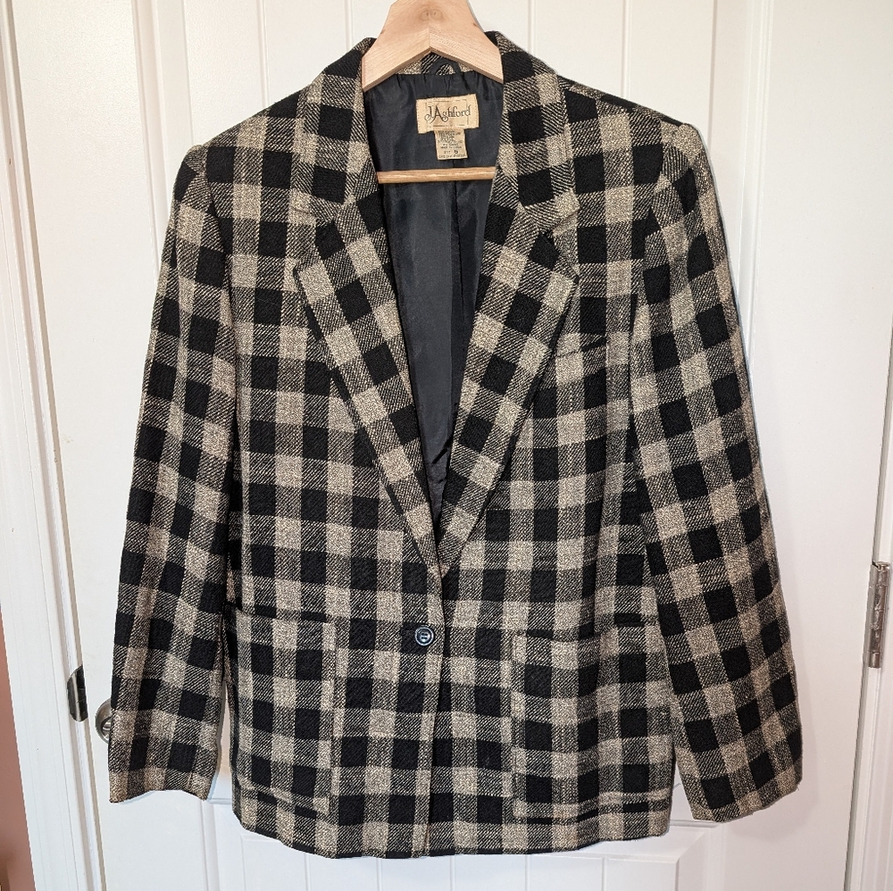 Vintage J. Ashford Checkered Wool Blend Blazer W5 Beige/Black